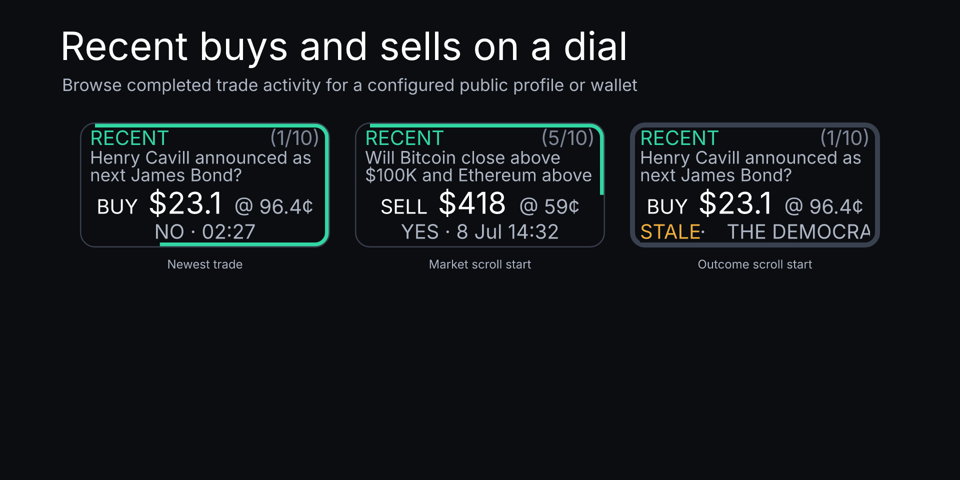 Polymarket Dashboard Pro: Recent Trades encoder with newest-trade, market-scroll, and stale outcome-scroll states