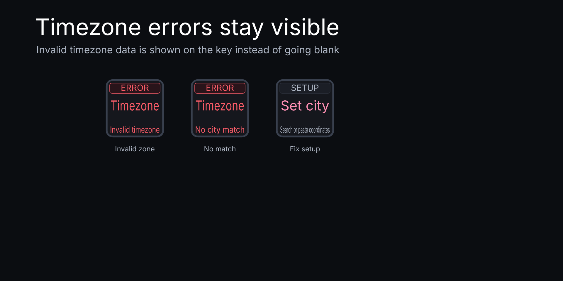 World Clock Key Pro: Invalid-timezone, no-match, and setup states